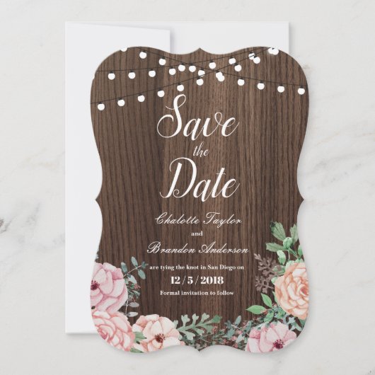 Elegante roos Save the Date kaart- rustiek hout (Voorkant)