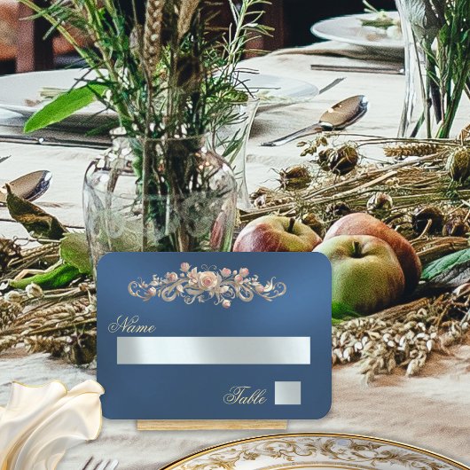 Elegante Roos Scroll & Hart Monogram - Blauw Plaatskaartje