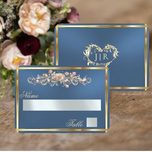 Elegante Roos Scroll & Hart Monogram - Blauw Plaatskaartje