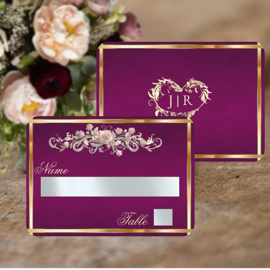 Elegante Roos Scroll & Hart Monogram - Plum Plaatskaartje