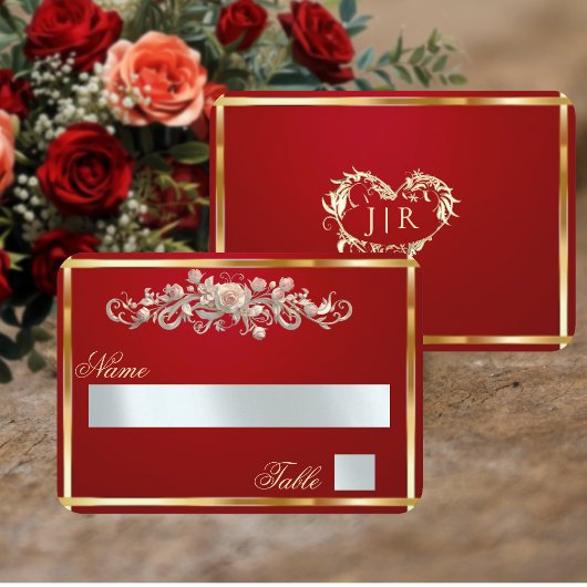 Elegante Roos Scroll & Hart Monogram - Rood Plaatskaartje