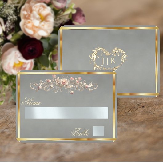 Elegante Roos Scroll & Hart Monogram - Salie Plaatskaartje