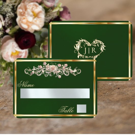 Elegante Roos Scroll & Hart Monogram - Smaragd Plaatskaartje