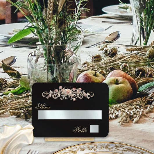 Elegante Roos Scroll & Hart Monogram - Zwart Plaatskaartje