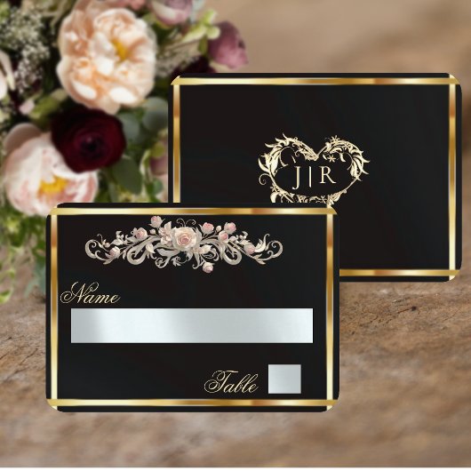 Elegante Roos Scroll & Hart Monogram - Zwart Plaatskaartje
