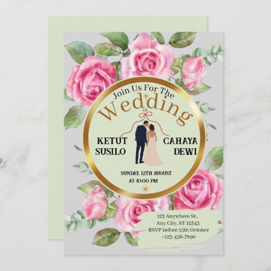Elegante Roos-thema bruiloft met bruid en bruidego Kaart (Voorkant / Achterkant)