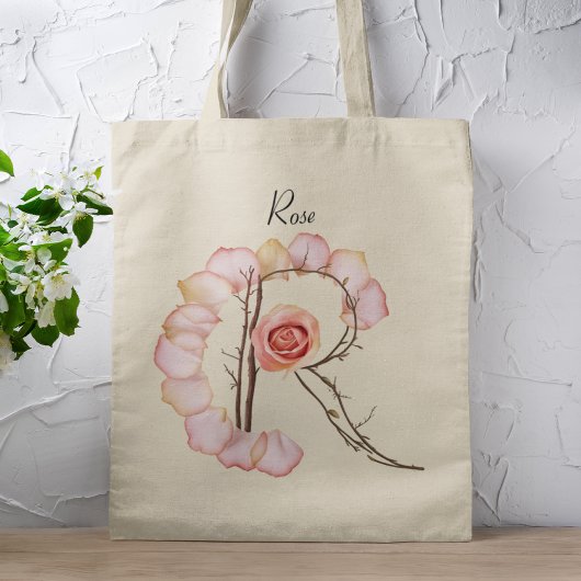 Elegante Roosbloemblad Letter R Monogram Eigenaam Tote Bag