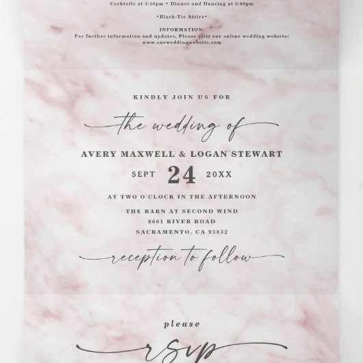 Elegante Rosa Petal Roze Metallic Marmeren bruilof Drieluik Uitnodiging (Binnenkant midden)