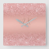 Elegante Rose Goud Luxe Glans Monogram Vierkante Klok (Voorkant)