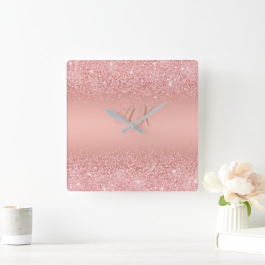 Elegante Rose Goud Luxe Glans Monogram Vierkante Klok (Huis)