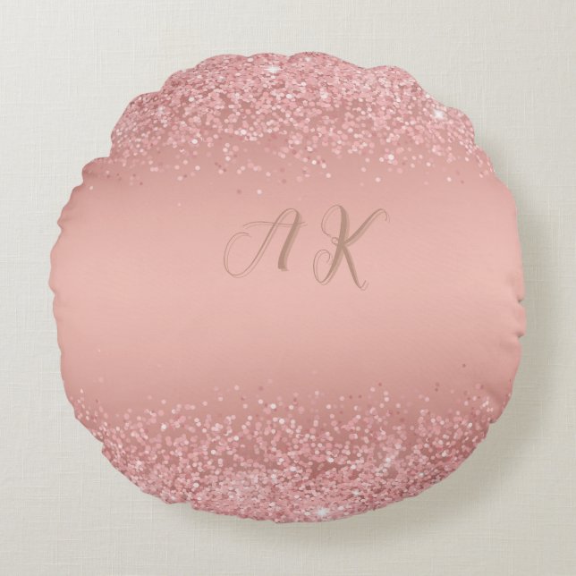 Elegante Rose Goud Luxe Schittering Monogram Rond Kussen (Voorkant)