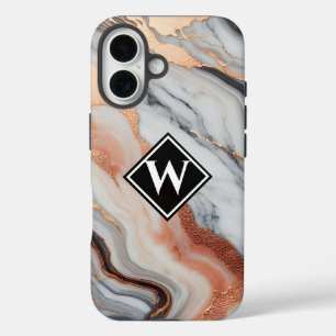 Elegante Rose Goud Zwarte Marmeren Monogram iPhone 16 Hoesje