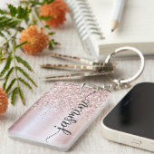 Elegante Rose Gouden Glitter Monogram Naam Script  Sleutelhanger (Voorkant Rechts)