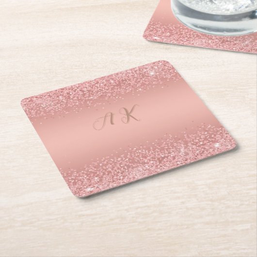 Elegante Rose Gouden Luxe Glans Monogram Kartonnen Onderzetters (Schuin)