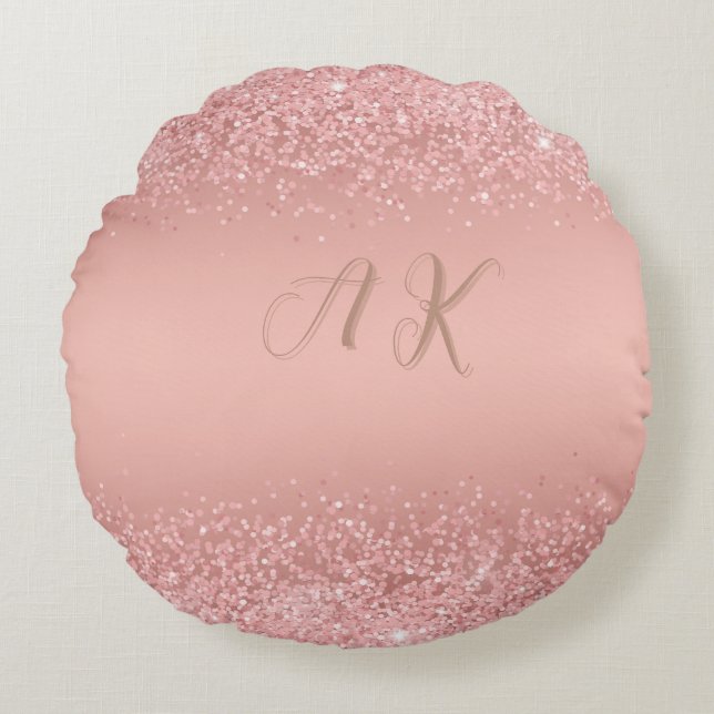 Elegante Rose Gouden Luxe Glans Monogram Rond Kussen (Voorkant)