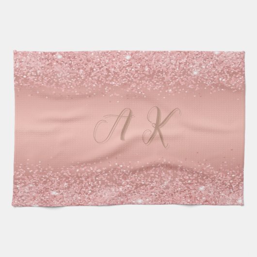 Elegante Rose Gouden Luxe Glans Monogram Theedoek (Horizontaal)