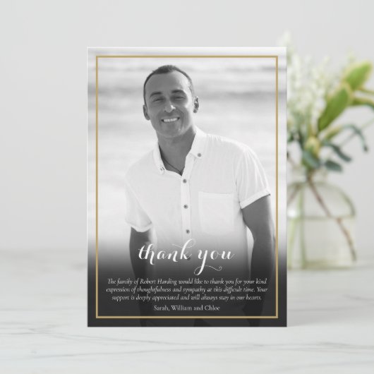 Elegante rouwfoto zwart en wit  bedankkaart (Staand voorkant)