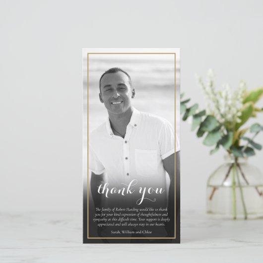 Elegante rouwfoto zwart-wit script bedankkaart (Staand voorkant)