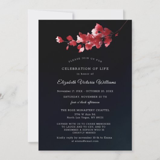 Elegante rouwkaart met zwarte en rode bloemen bedankkaart (Voorkant)