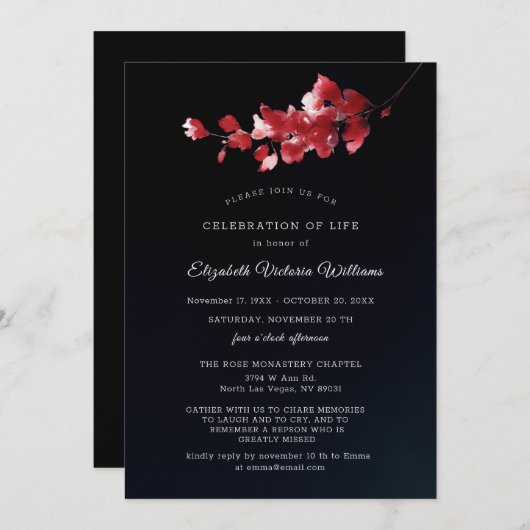 Elegante rouwkaart met zwarte en rode bloemen bedankkaart (Voorkant / Achterkant)