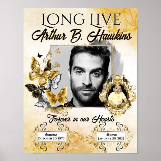 Elegante rouwkaart Zwart en Goud 2 foto's Begrafen Poster (Voorkant)