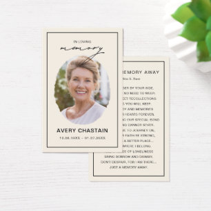 Elegante rouwkaarten met foto en herdenkingsgebed visitekaartje