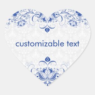 Elegante Royal Blauw en Wit Damasks & Swirls 2 Hart Sticker