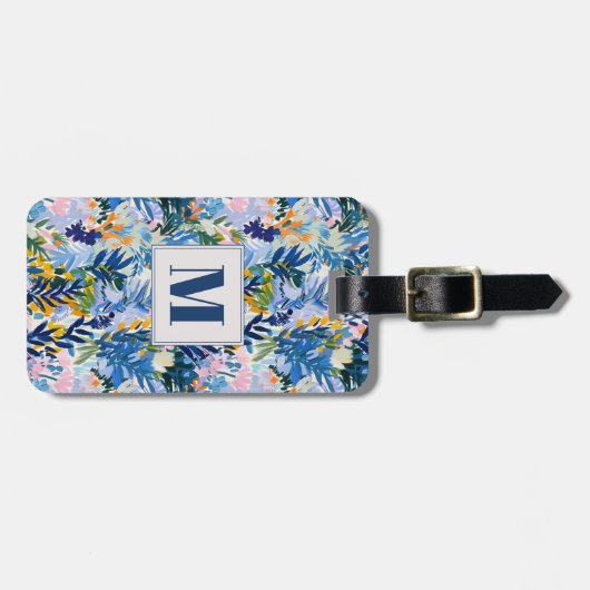Elegante Royal Blue Abstract Botanische Monogramme Bagagelabel (Voorkant horizontaal)