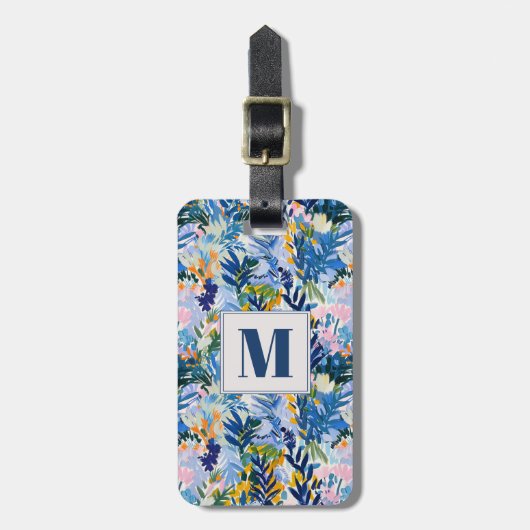Elegante Royal Blue Abstract Botanische Monogramme Bagagelabel (Voorkant verticaal)