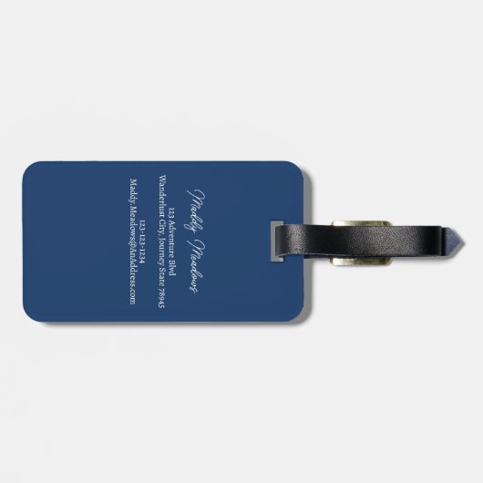 Elegante Royal Blue Abstract Botanische Monogramme Bagagelabel (Achterkant horizontaal)
