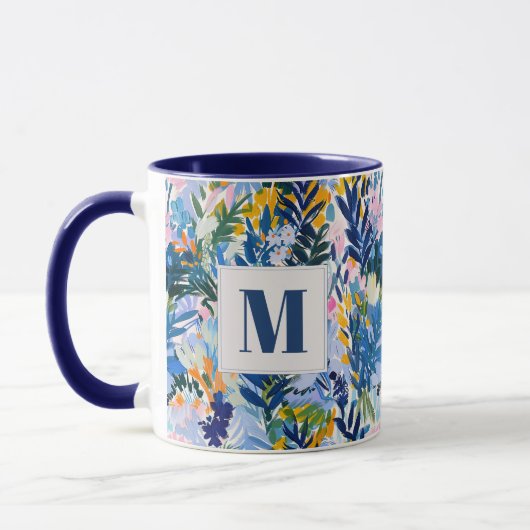Elegante Royal Blue Abstract Botanische Monogramme Mok (Links)