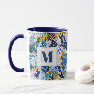 Elegante Royal Blue Abstract Botanische Monogramme Mok