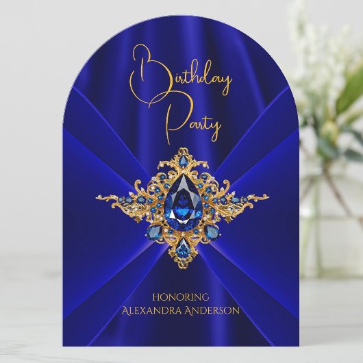 Elegante Royal Blue Birthday Gold Jewel Faux Silk Kaart