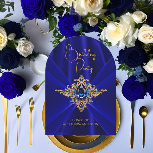 Elegante Royal Blue Birthday Gold Jewel Faux Silk Kaart