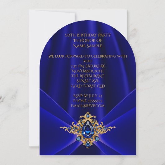 Elegante Royal Blue Birthday Gold Jewel Faux Silk Kaart (Achterkant)