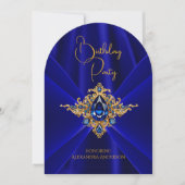 Elegante Royal Blue Birthday Gold Jewel Faux Silk Kaart (Voorkant)