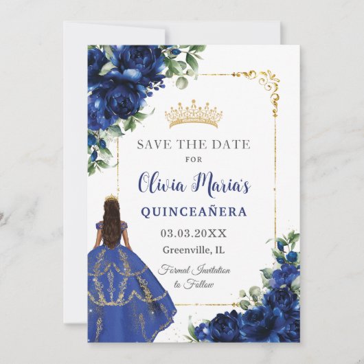 Elegante Royal Blue Bloemen Prinses Quinceañera Save The Date (Voorkant)