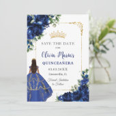 Elegante Royal Blue Bloemen Prinses Quinceañera Save The Date (Staand voorkant)