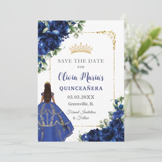 Elegante Royal Blue Bloemen Prinses Quinceañera Save The Date (Staand voorkant)