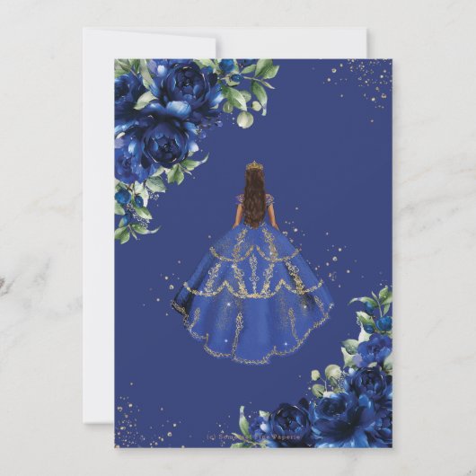 Elegante Royal Blue Bloemen Prinses Quinceañera Save The Date (Achterkant)
