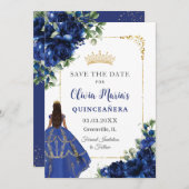 Elegante Royal Blue Bloemen Prinses Quinceañera Save The Date (Voorkant / Achterkant)