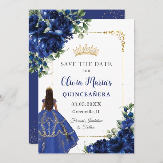 Elegante Royal Blue Bloemen Prinses Quinceañera Save The Date (Voorkant / Achterkant)