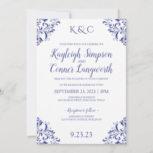 Elegante  Royal Blue bruiloft uitnodigingen (Voorkant)