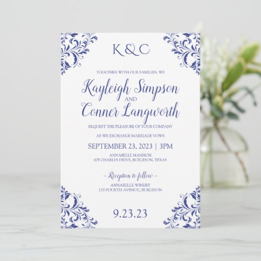 Elegante  Royal Blue bruiloft uitnodigingen (Staand voorkant)