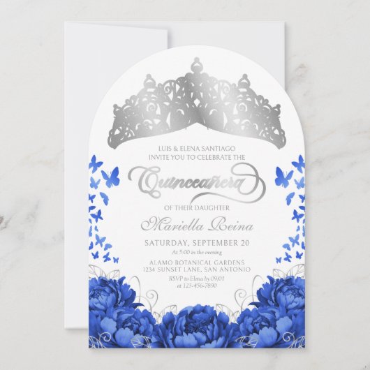 Elegante Royal Blue Butterflies Crown Quinceanera Kaart (Voorkant)