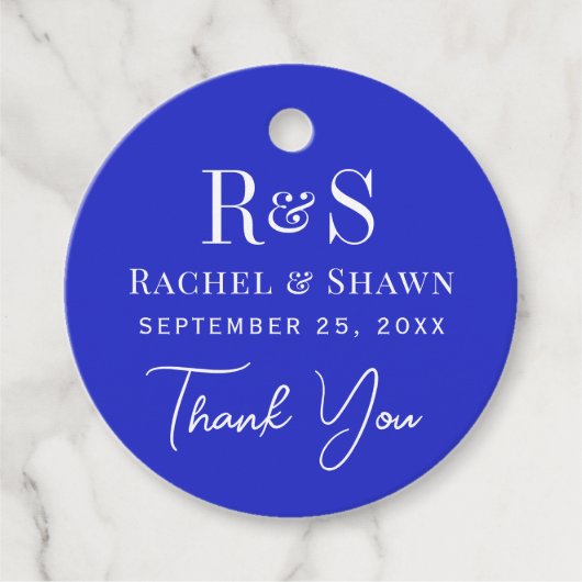 Elegante Royal Blue Chic Modern Monogram bruiloft Bedankjes Labels (Voorkant)