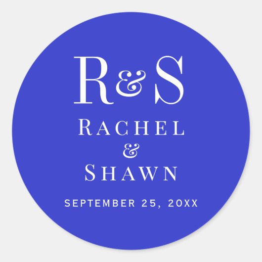 Elegante Royal Blue Chic Modern Monogram bruiloft Ronde Sticker (Voorkant)