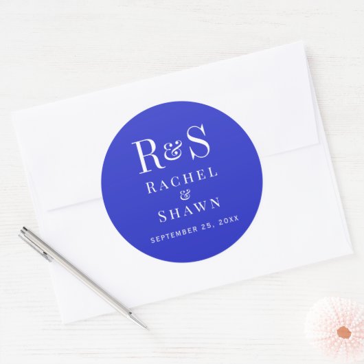 Elegante Royal Blue Chic Modern Monogram bruiloft Ronde Sticker (Envelop)