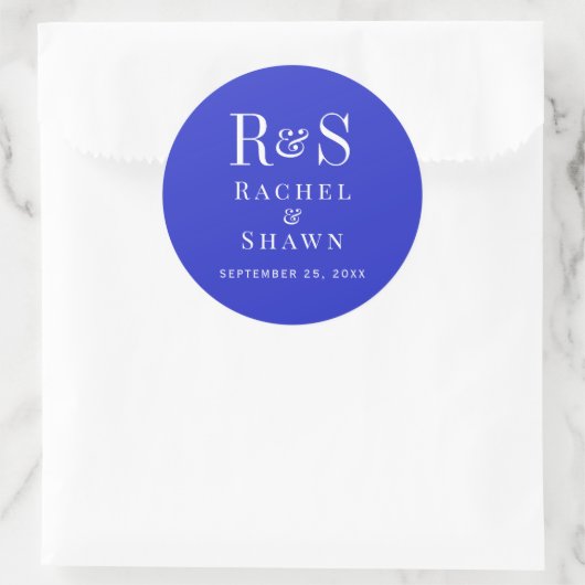 Elegante Royal Blue Chic Modern Monogram bruiloft Ronde Sticker (Tas)
