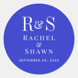Elegante Royal Blue Chic Modern Monogram bruiloft Ronde Sticker